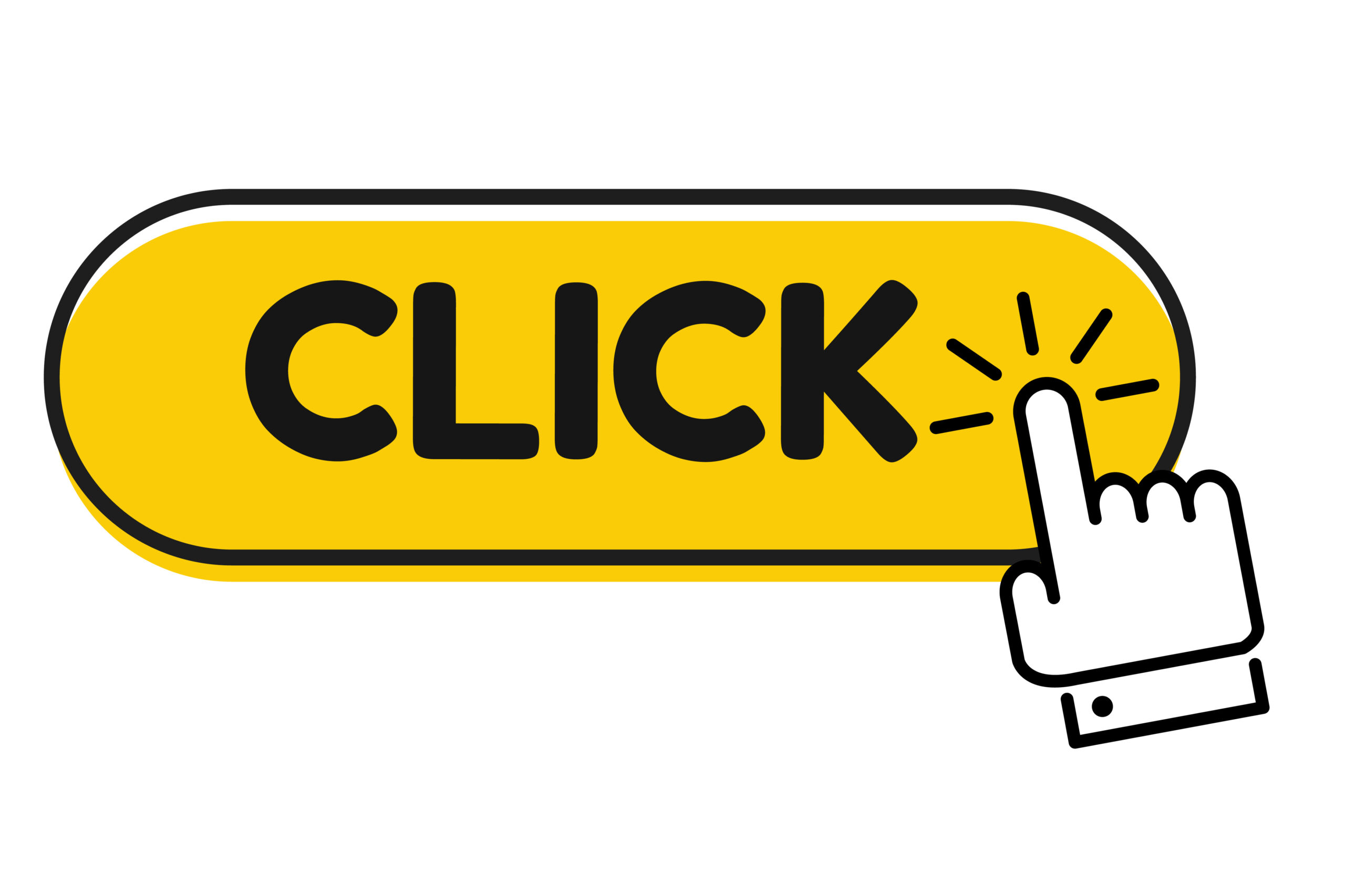 Hand cursor vector icon with yellow click button. Click here for links to websites.