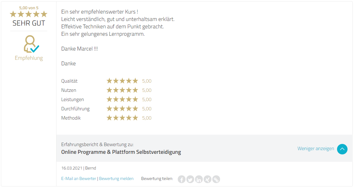 Bewertung ProvenExpert Bewertung ProvenExpert Selbstverteidigung Online Programme