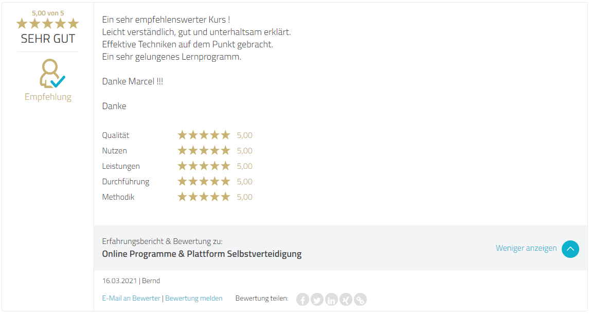 Bewertung ProvenExpert Selbstverteidigung Online Programme