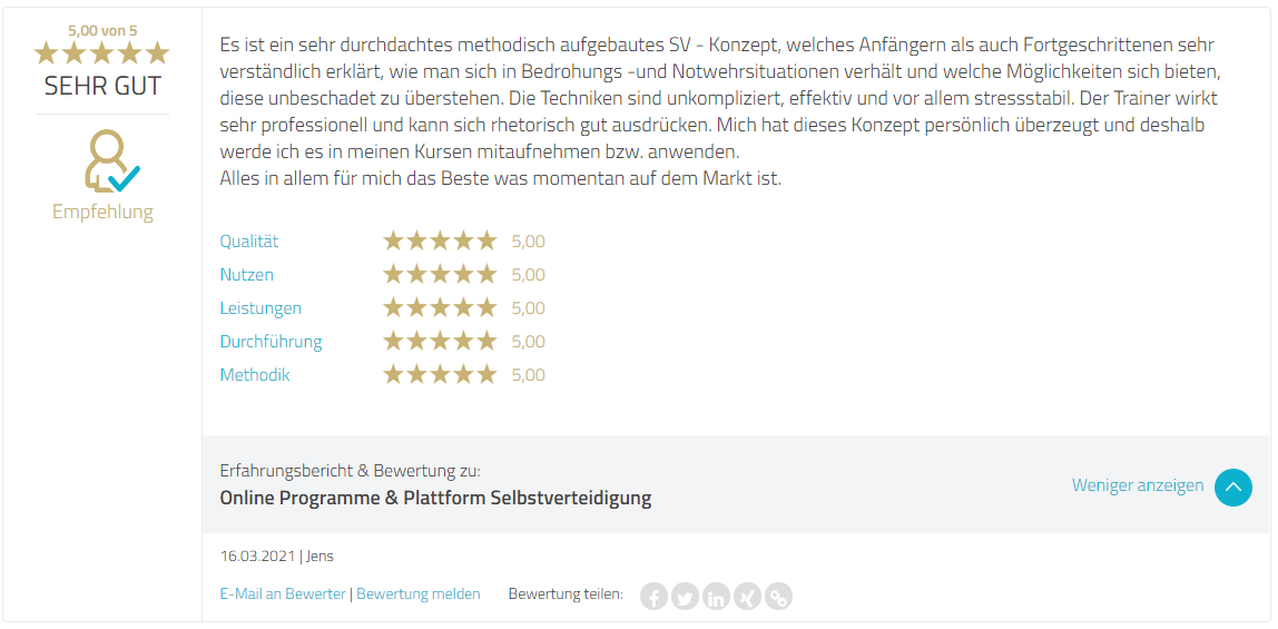 Bewertung ProvenExpert Bewertung ProvenExpert Selbstverteidigung Online Programme