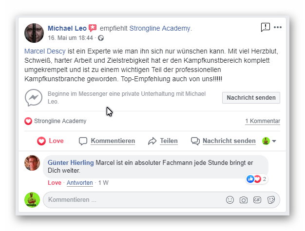 Bewertung Facebook - Strongline Academy - Marcel Descy